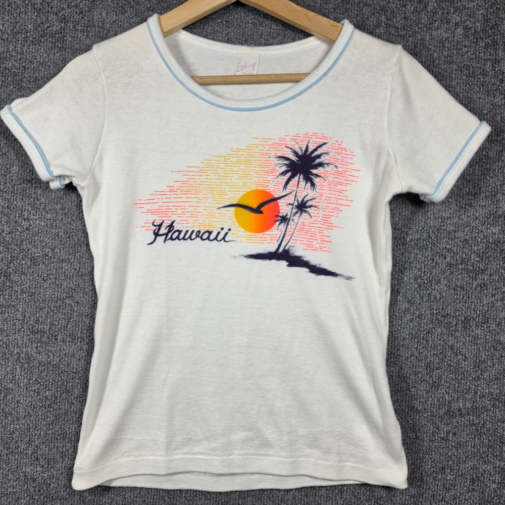 Etchings Hawaii Top Womens Small  Vintage 80s Ringer Graphic Tee USA
